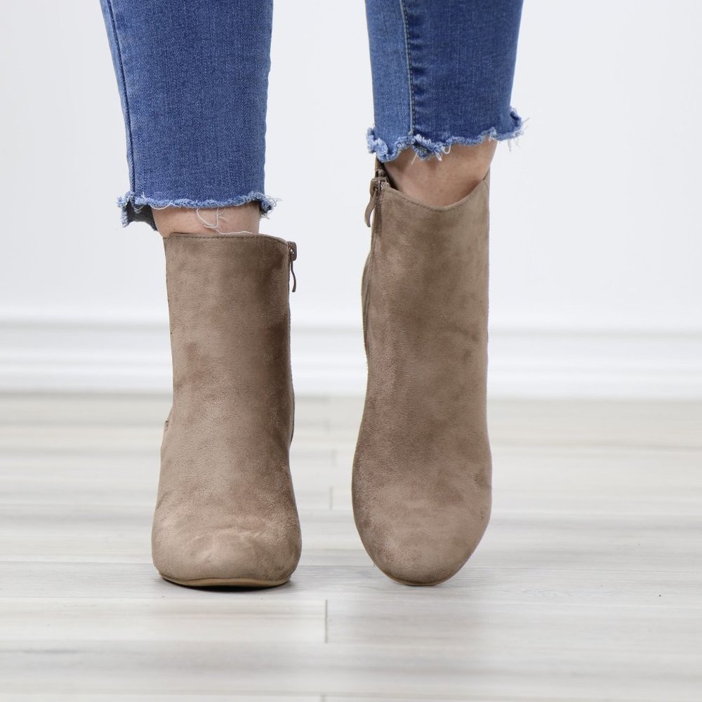 Taupe Suede Chelsea Round Toe Block High Heel Above Ankle Boots - Picture 9 of 12